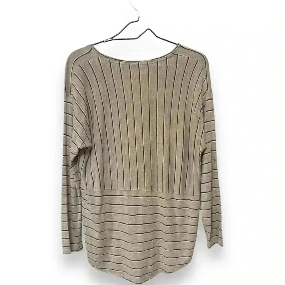 Madewell Long Sleeve Stripe Pattern V-neck Beige Relaxed Fit High-Low Anthem Tee - Picture 11 of 16